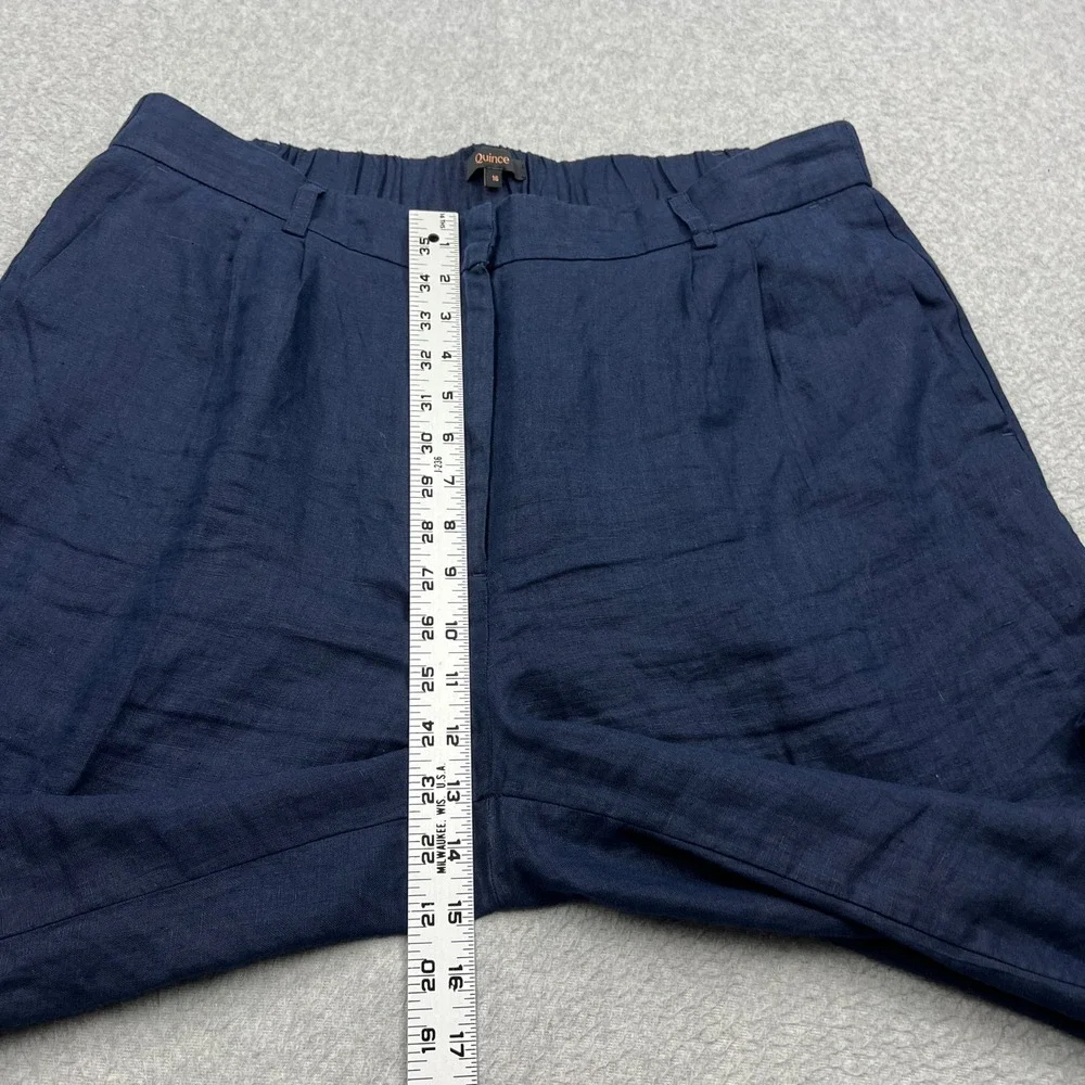 Quince Pleated Trouser Womens 16 Navy 100%  European Linen Wide Leg Elastic Back